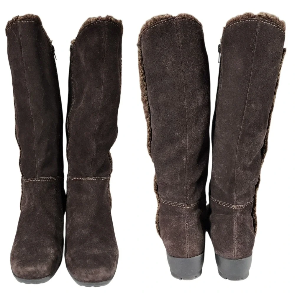 Bandolino Knee High Boot 7M Women Yoelia Brown Suede Faux Fur Lined‎ Wedge 15